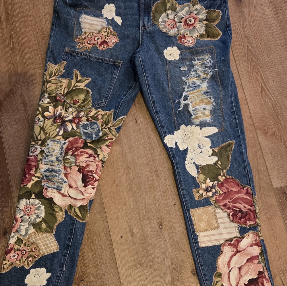 Floral Upcycled Patchwork Dark Denim Overalls By … - image 7